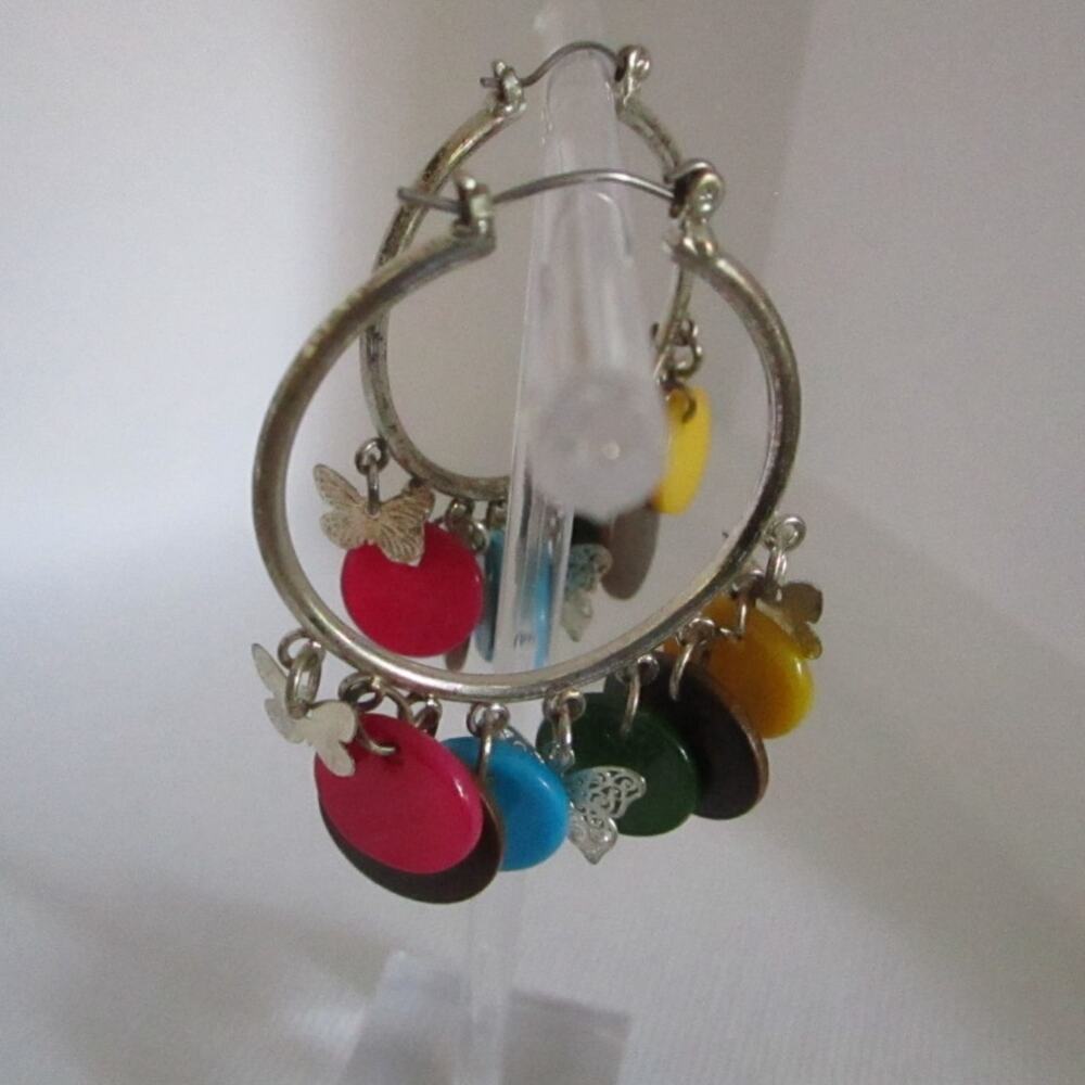 Colorful Boho Hoop Earrings with Butterfly Charms Mixed Disc Dangles 2in - Picture 6 of 17